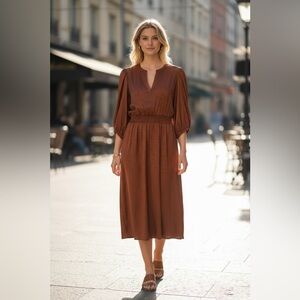 Sandra Darren Satin Jacquard smocked midi dress copper sz‎ 16